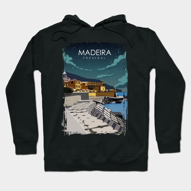 Madeira Portugal Vintage Retro Travel Poster at night Hoodie by jornvanhezik